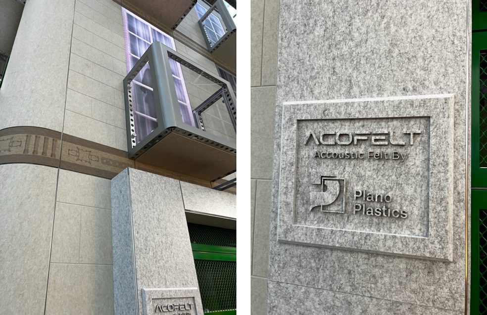 Gerecycled PET-vilt-AcoFelt -Akoestisch vilt-Duurzaam interieurmateriaal-Geluidsabsorberend vilt-Circulaire materialen-Akoestische panelen van gerecycled materiaal-Eco vriendelijk vilt-PET-vilt design-Geluidsdempende materialen-Petvilt -gerecyclde pet materialen -vetvilt nederlandse productie - low carbon footprint-nederlandse productie - beursstand -opmaat